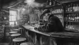 Imagem de um velho sentado em um bar tomando whisky