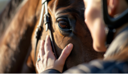 uma mulher acariciando o rosto de um cavalo