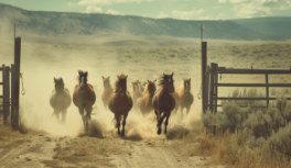 uma manada de cavalos mustang passando por um cerca