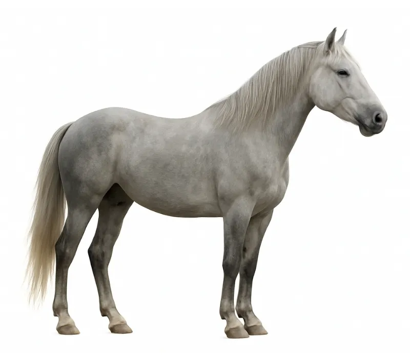 Gray horse coat color on a horse with white hairs mixed through a darker base