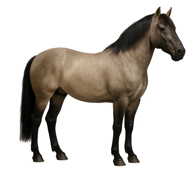 Grullo horse coat color on a horse with a smoky body and dark shading
