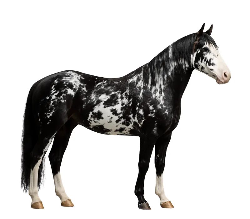 Overo horse coat pattern on a horse with irregular white markings along the sides