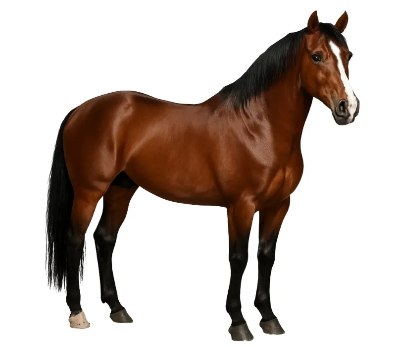 Rich red chestnut horse coat color on a horse with a deep, vivid red body