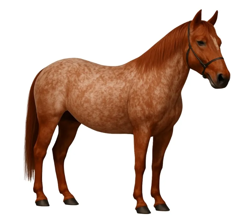 Roan horse coat color on a horse with white hairs mixed through the body