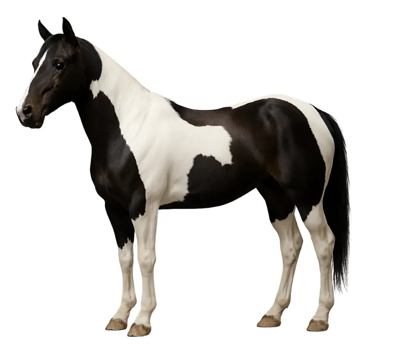 Tobiano horse coat pattern on a horse with large white patches crossing the topline