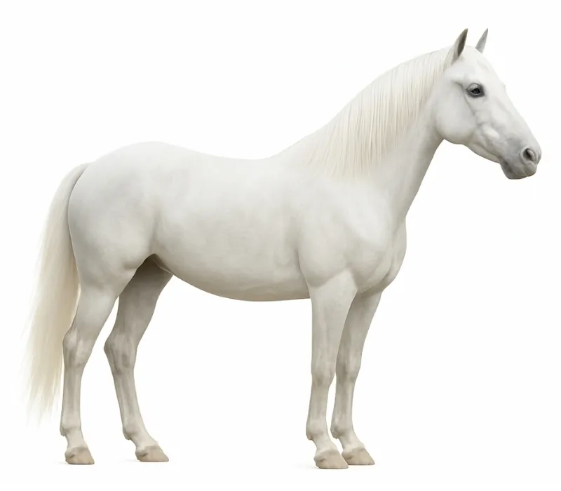 White horse coat color on a horse with a uniform white body