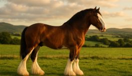 Adult Clydesdale in an open field, full lateral profile showing complete proportions — alt text: "clydesdale horse breed Scottish giant in open field