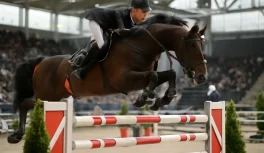 Big Ben and Ian Millar jumping a tall fence at an international show jumping competition, large dark bay horse in full flight. Alt text: "Big Ben and Ian Millar clearing a fence at an international show jumping competition
