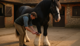 Handler performing complete grooming on a Shire horse including feathering and hooves in a stable environment. Alt text: "Handler grooming a Shire horse including feathering and hoof cleaning