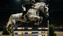 Gray horse jumping a fence at an indoor horse show arena, dramatic competition lighting with crowd watching. Alt text: "Snowman the gray horse jumping at an indoor horse show arena
