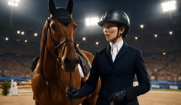 Atleta olímpico em traje de equitação ao lado do cavalo de competição em arena com plateia ao fundo