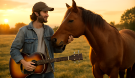 Músico famoso ao lado do seu cavalo em fazenda particular com pôr do sol ao fundo