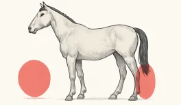 ide-view diagram of horse showing both blind spots: posterior behind tail and frontal below muzzle