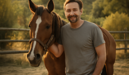 Ator famoso ao lado do seu cavalo em fazenda particular com vegetação e luz natural ao fundo