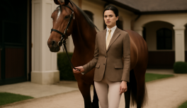 Mulher em estilo equestre elegante com botas e blazer ao lado de cavalo em haras de luxo