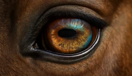 Close-up photograph of horse eye showing horizontal pupil, iris detail, and equine eye anatomy