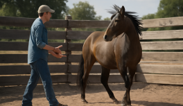 Persona aproximándose suavemente a un caballo mustang en corral de adopción