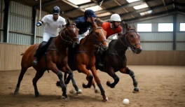 Três jogadores de polo a cavalo disputam a bola em arena coberta com piso de areia, paredes metálicas e claraboias no teto ao fundo