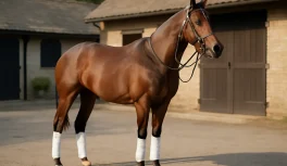 Chestnut polo pony standing in a stable yard with white polo wraps on all four legs and black leather polo bridle, under soft morning light