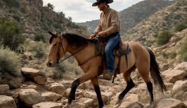 Jinete y caballo mustang en sendero pedregoso, equilibrio y seguridad natural