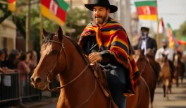 Cavaleiro gaúcho pilchado montado em cavalo crioulo durante desfile do 20 de setembro na Semana Farroupilha com bandeiras ao fundo