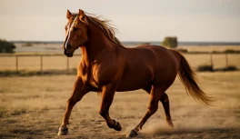 Muscular Quarter Horse stallion trotting in open American ranch landscape at golden hour