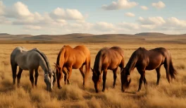 Grupo de quatro cavalos crioulos de pelagens diferentes pastando livremente nos pampas sul-americanos ao entardecer