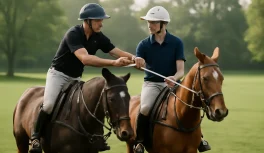 Instrutor de polo a cavalo com camisa preta guia as mãos de estudante em camisa azul segurando taco, em treino de polo em campo verdejante