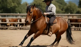 Jinete entrenando caballo criollo chileno bayo en trabajo lateral en arena de tierra con ganado al fondo