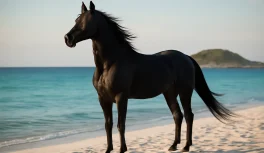 Magnificent black Arabian stallion on white sand beach of a small Mediterranean island, no halter or rider, head held high, mane lifted by ocean breeze