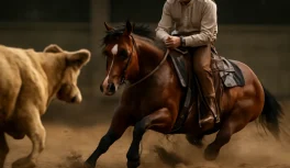 Quarto de Milha em posição de cutting com cavaleiro de rédeas soltas mirando uma vaca em arena de rodeio
