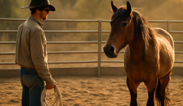 Entrenador en round pen realizando gentling con caballo mustang, postura calmada