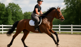 Caballo al galope en pista abierta mostrando ritmo e impulsión, con jinete en posición de equilibrio