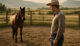 Skilled horse trainer standing still in center of open round pen with nervous bay horse at far side, ears turned toward trainer