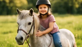 Niña de unos 8 años con casco de equitación montada en poni gris tranquilo en prado verde soleado con expresiones felices