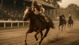 Small chestnut racehorse with jockey in 1930s classic silks sprinting down a dirt track at a vintage American country racetrack in sepia-toned afternoon light
