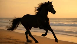 Black Arabian horse in full gallop on a beach with ocean backdrop and warm late-afternoon light