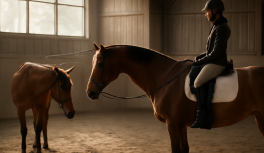 Jinete observando el comportamiento del caballo antes del galope en una pista ecuestre, atento a señales de incomodidad