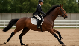 Jinete en galope largo con zancada amplia y fluida sobre caballo en recta de pista ecuestre iluminada