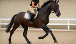 Caballo en galope con jinete mostrando claramente la pata guía delantera en una pista ecuestre iluminada