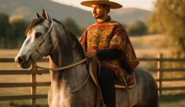 Huaso com traje tradicional chileno montado em cavalo crioulo chileno tordillo em hacienda ao entardecer
