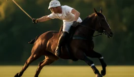 Jogador profissional de polo em camisa branca ao galope em cavalo escuro, executando tacada de backhand sob luz dourada do pôr do sol