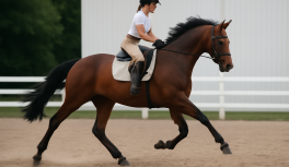Jinete y caballo al galope visto de lado, pata delantera guía bien visible en pista ecuestre iluminada