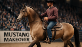 Ginete presentando mustang en arena de competencia en el Mustang Makeover