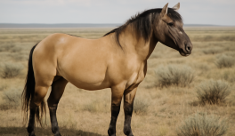 Caballo mustang con pelaje duno y rayas de cebra, revelando herencia ibérica colonial