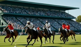 Partida internacional de polo com jogadores em camisas vermelhas e brancas ao galope, com grande arquibancada de dois níveis lotada ao fundo