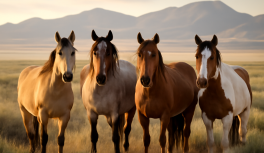Manada de caballos mustang con diferentes pelajes en campo abierto