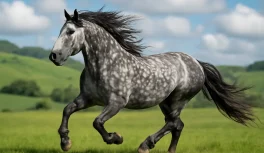 Cavalo crioulo chileno tordillo rodado em galope em campo aberto exibindo a pelagem característica da raça