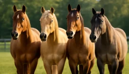 Group of four Quarter Horses in different accepted coat colors: sorrel, palomino, bay dun, and grullo