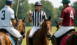 Árbitro de polo a caballo con camisa a rayas blancas y negras sosteniendo la pelota, flanqueado por los jugadores número 3 y 4 antes del saque
